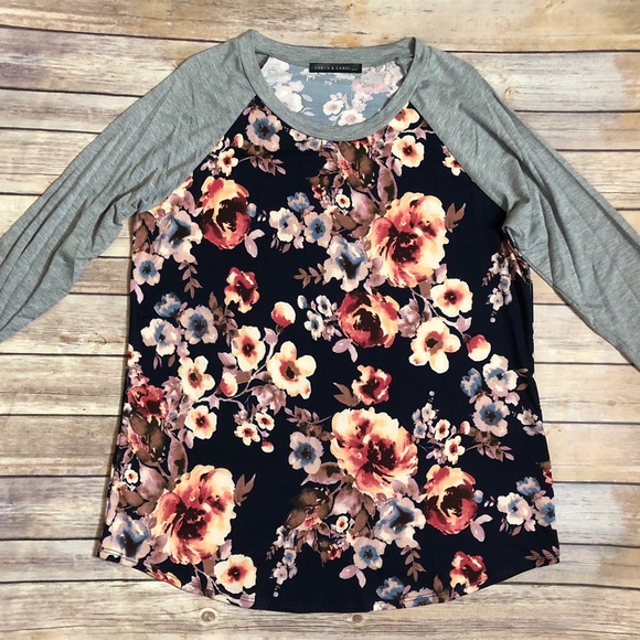 Navy Blue Floral Baseball T with Grey Sleeves - Picture 2 of 3